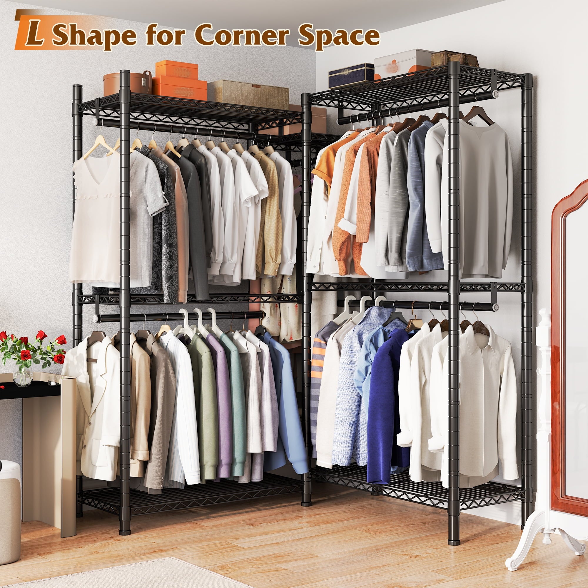 74.5" W Clothes  Rack Heavy Duty Garment Rack Closet Organizer with 8 Shelves &amp; 5 Hanger Rods,Black