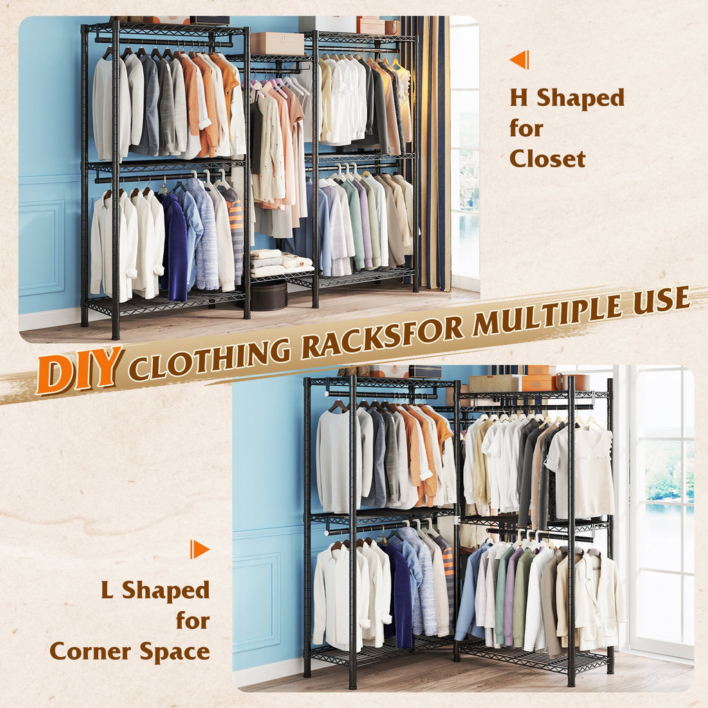 74.5" W Clothes  Rack Heavy Duty Garment Rack Closet Organizer with 8 Shelves &amp; 5 Hanger Rods,Black