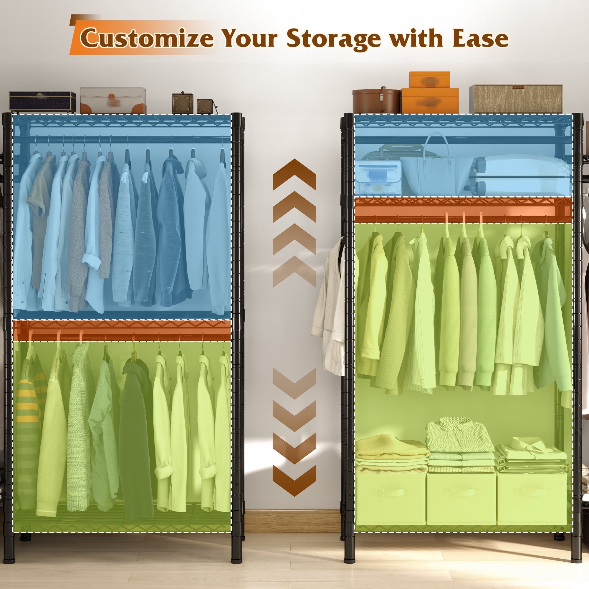 74.5" W Clothes  Rack Heavy Duty Garment Rack Closet Organizer with 8 Shelves &amp; 5 Hanger Rods,Black