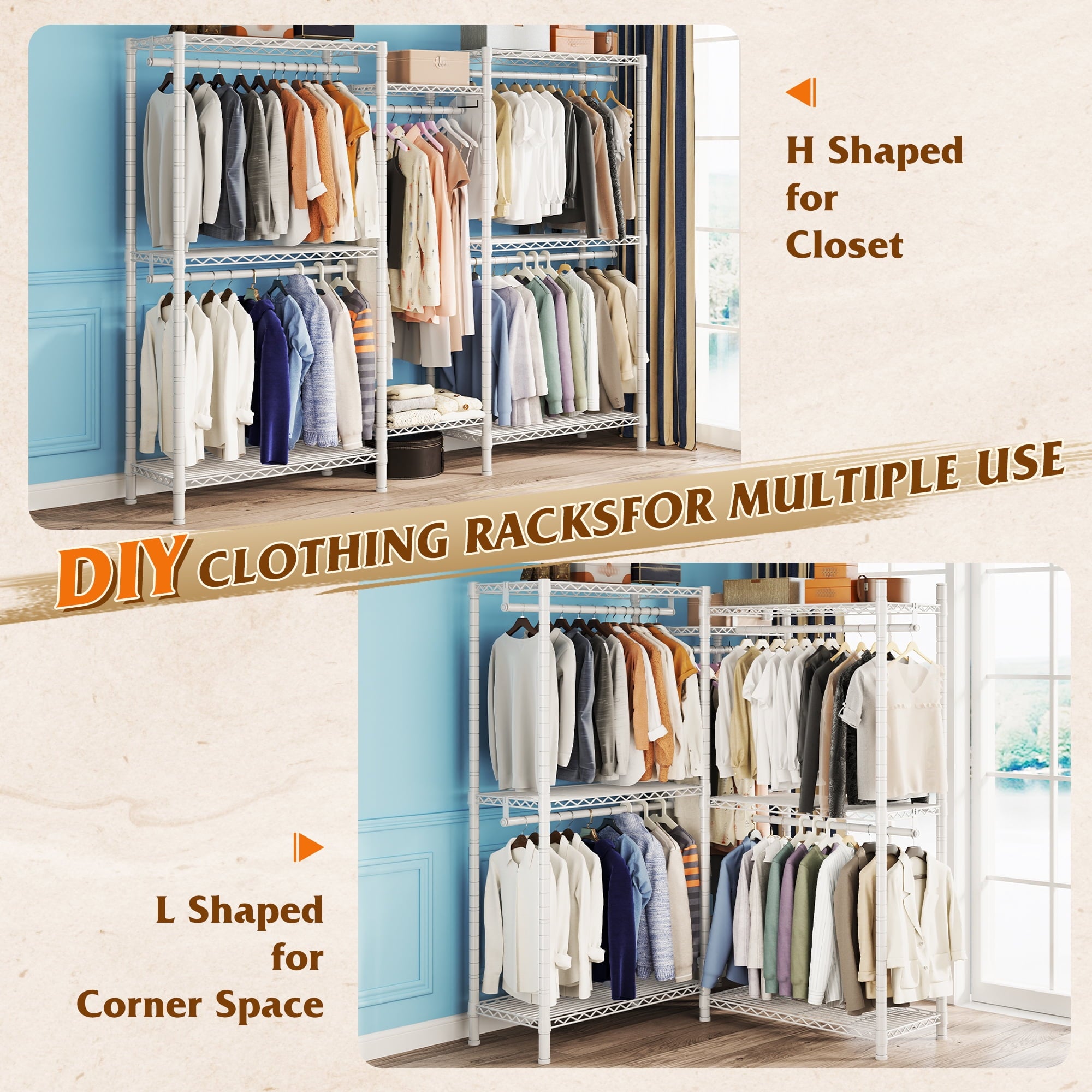 74.5" W Clothes  Rack Heavy Duty Garment Rack Closet Organizer with 8 Shelves &amp; 5 Hanger Rods,Black