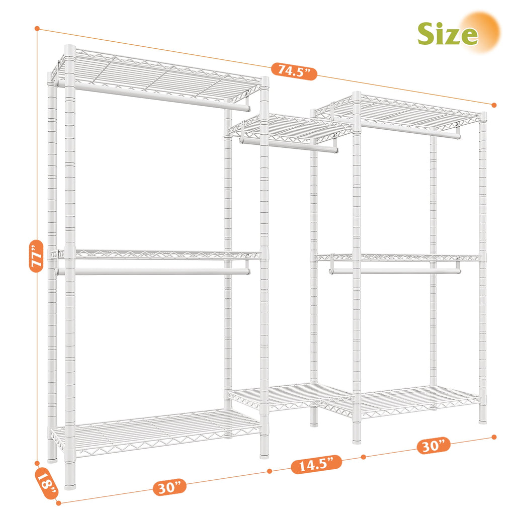 74.5" W Clothes  Rack Heavy Duty Garment Rack Closet Organizer with 8 Shelves &amp; 5 Hanger Rods,Black