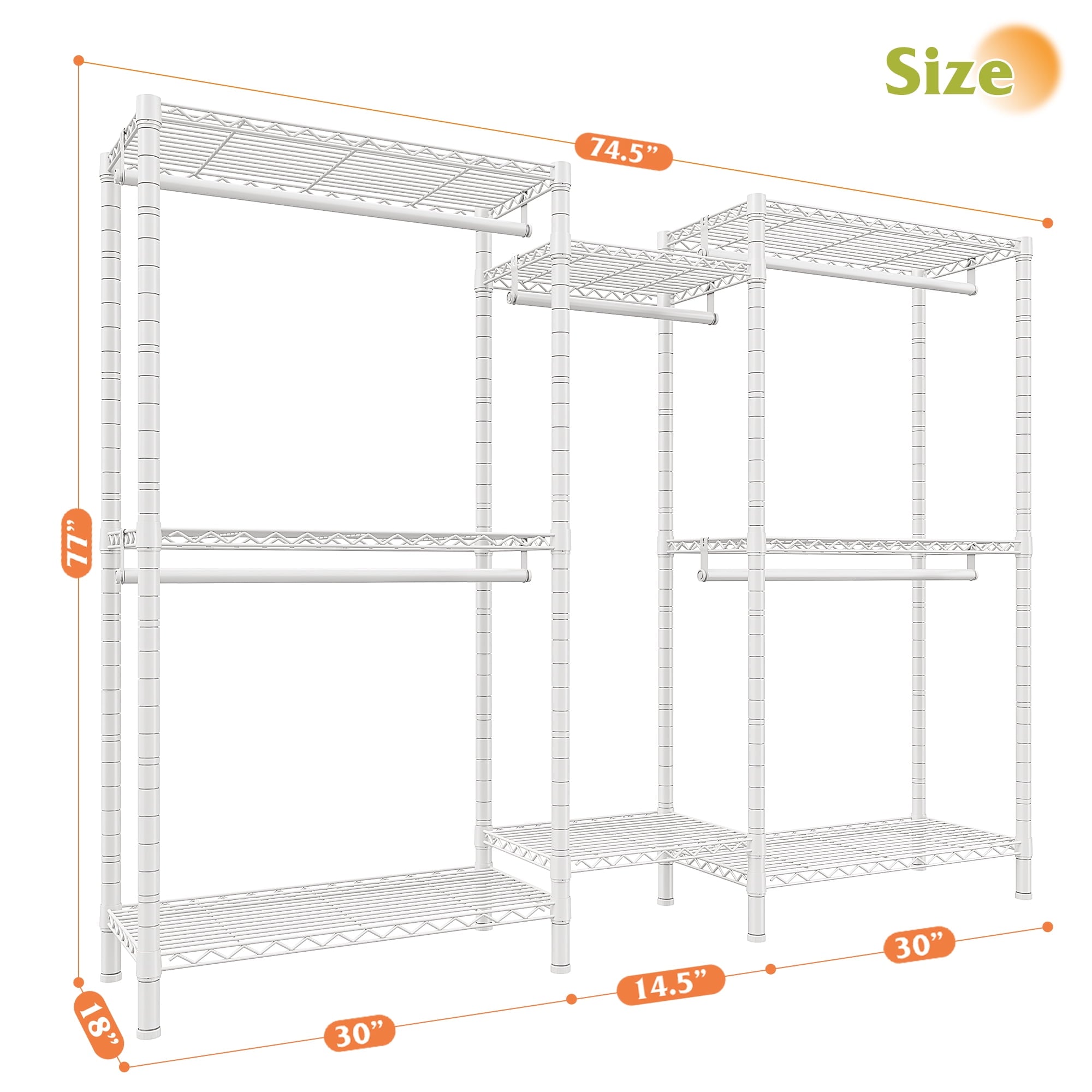 74.5" W Clothes  Rack Heavy Duty Garment Rack Closet Organizer with 8 Shelves &amp; 5 Hanger Rods,Black