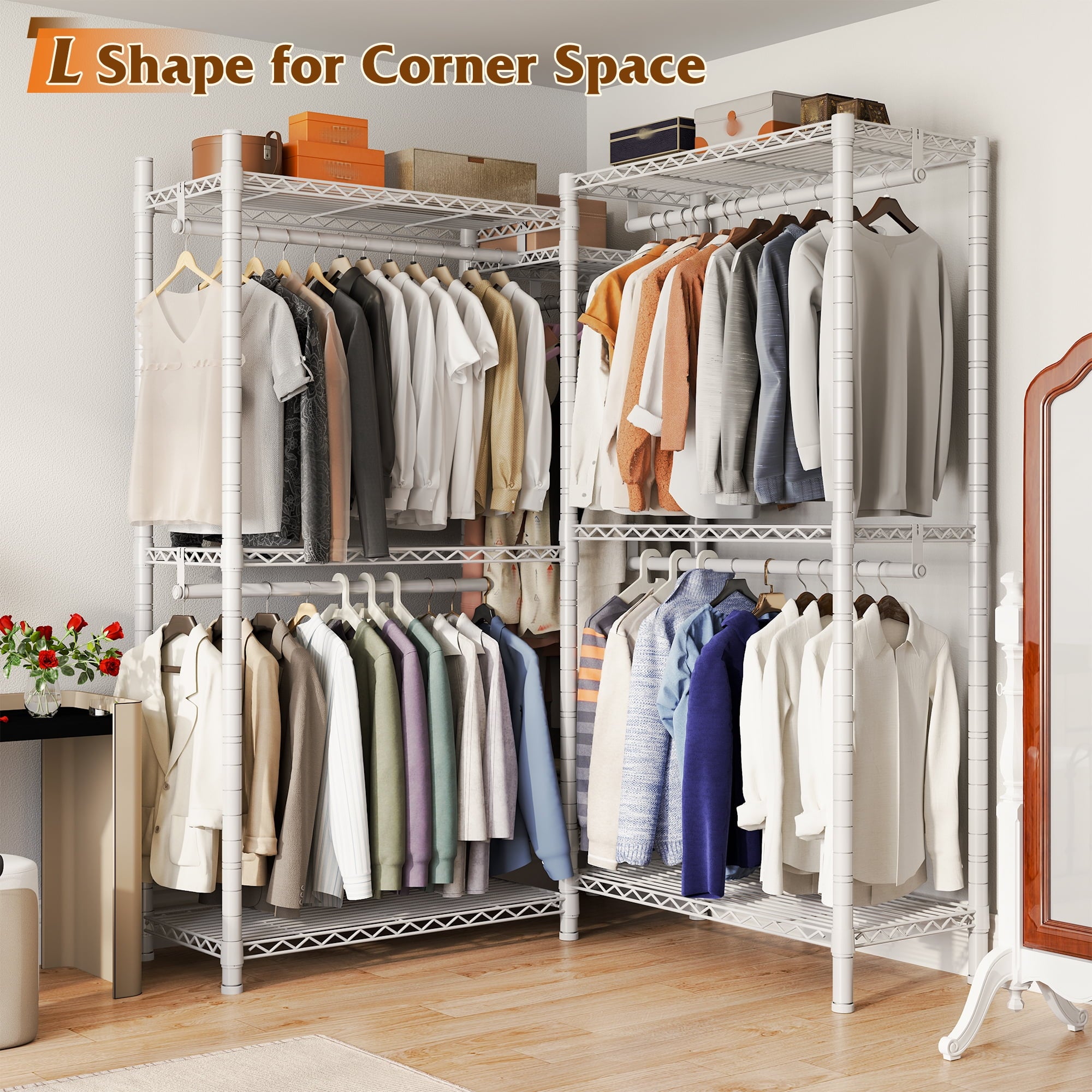 74.5" W Clothes  Rack Heavy Duty Garment Rack Closet Organizer with 8 Shelves &amp; 5 Hanger Rods,Black