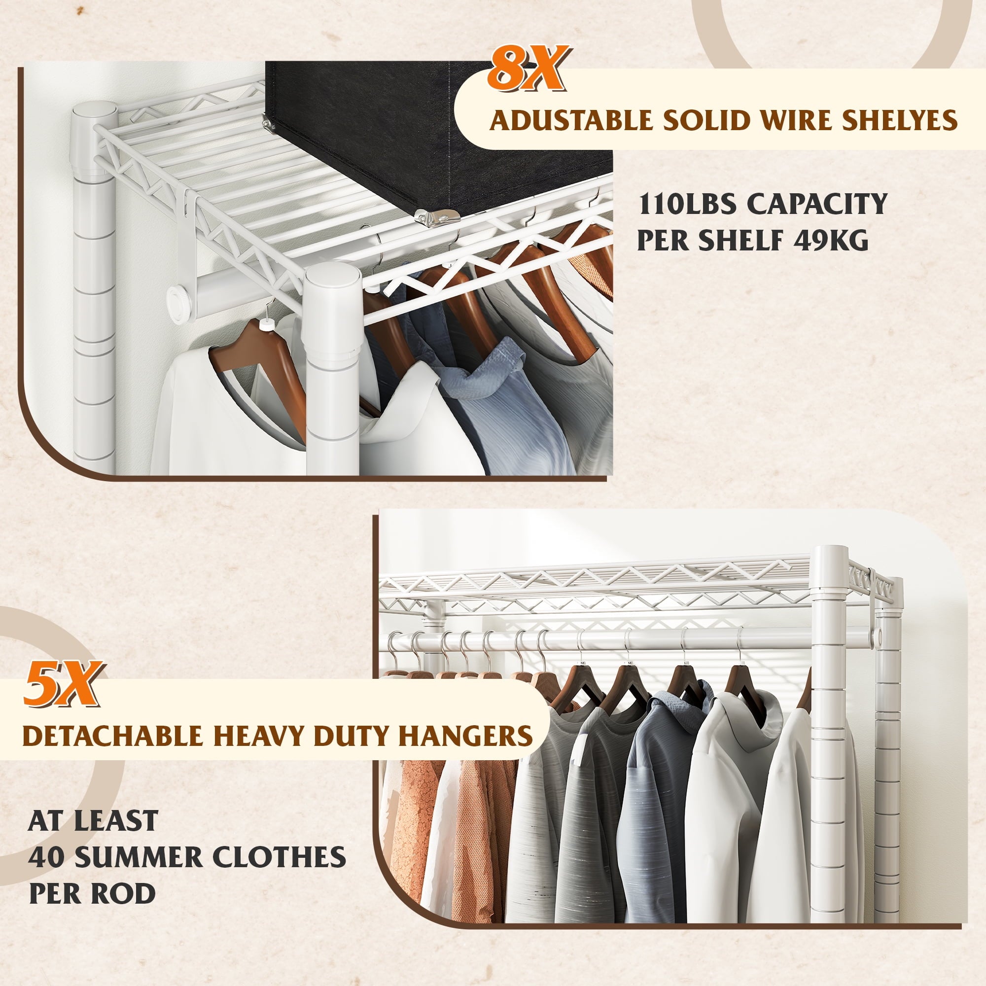 74.5" W Clothes  Rack Heavy Duty Garment Rack Closet Organizer with 8 Shelves &amp; 5 Hanger Rods,Black