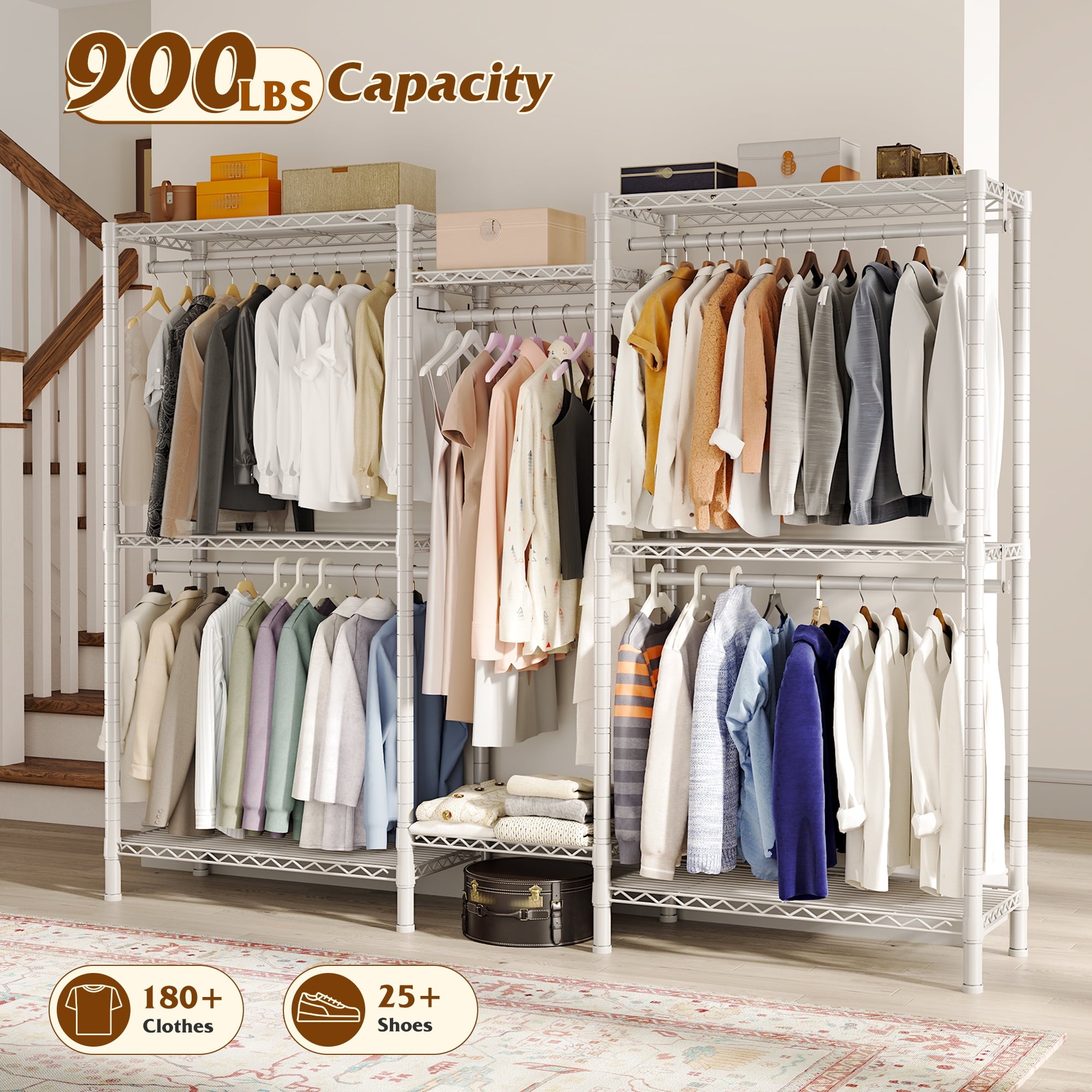 74.5" W Clothes  Rack Heavy Duty Garment Rack Closet Organizer with 8 Shelves &amp; 5 Hanger Rods,Black