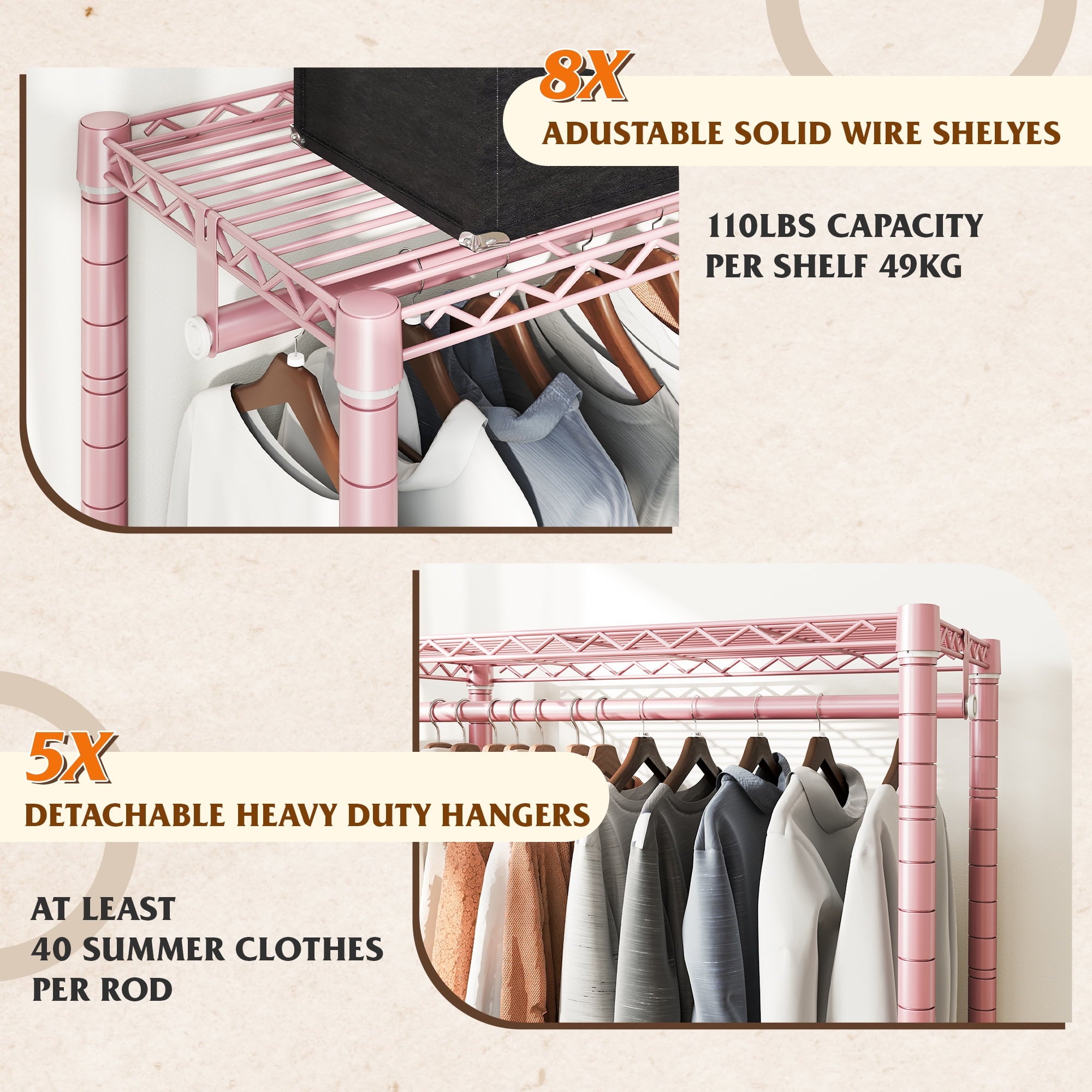 74.5" W Clothes  Rack Heavy Duty Garment Rack Closet Organizer with 8 Shelves &amp; 5 Hanger Rods,Black