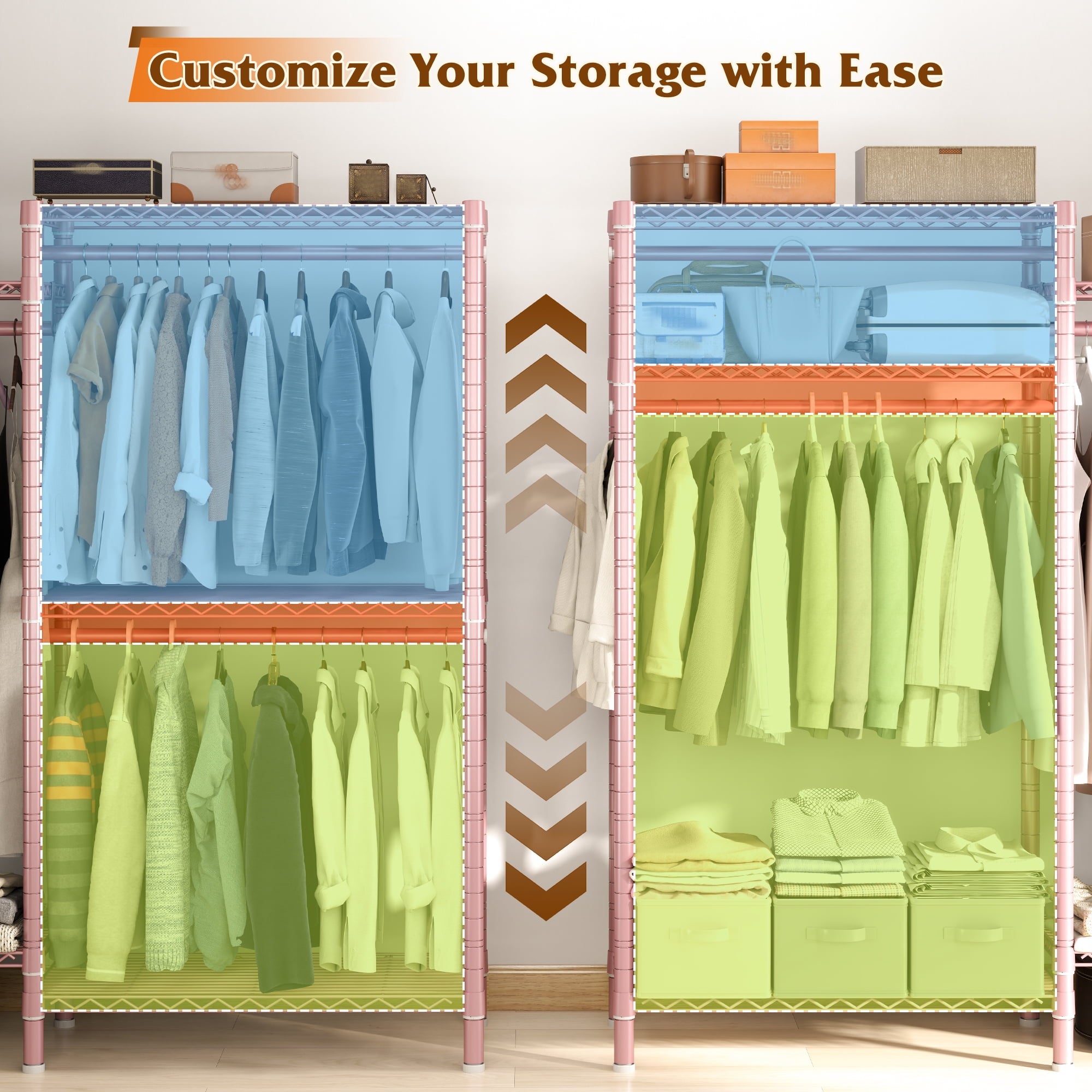 74.5" W Clothes  Rack Heavy Duty Garment Rack Closet Organizer with 8 Shelves &amp; 5 Hanger Rods,Black