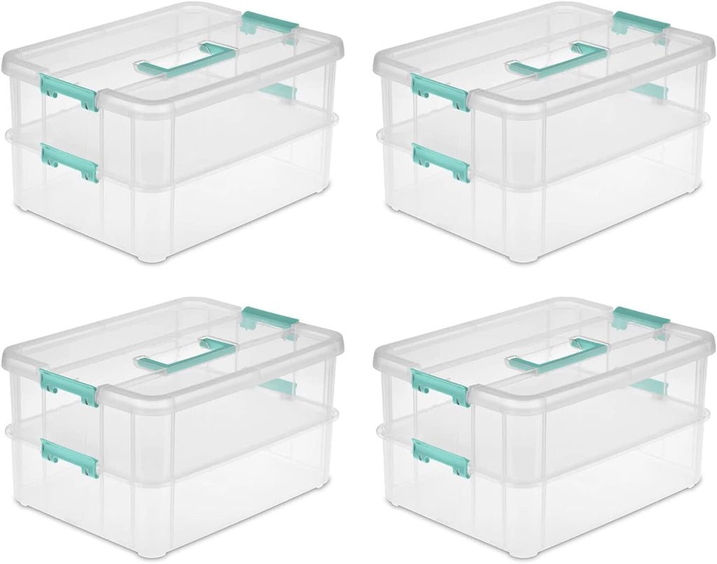 Stack and Carry 2 Layer Handle Box  Stackable Plastic Small  Container with Latching Lid  Bin to  Crafts  Clear  4-Pack