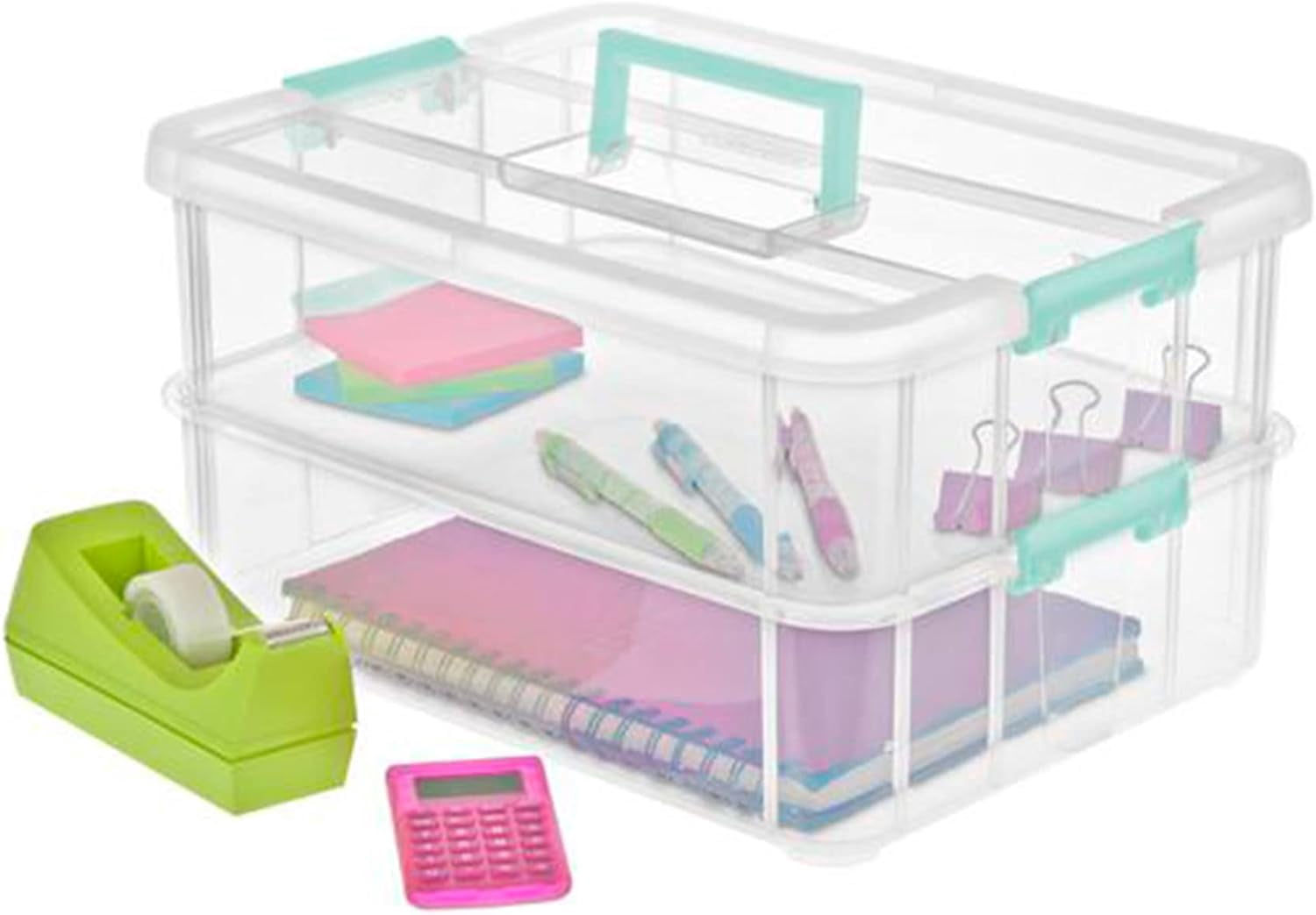Stack and Carry 2 Layer Handle Box  Stackable Plastic Small  Container with Latching Lid  Bin to  Crafts  Clear  4-Pack