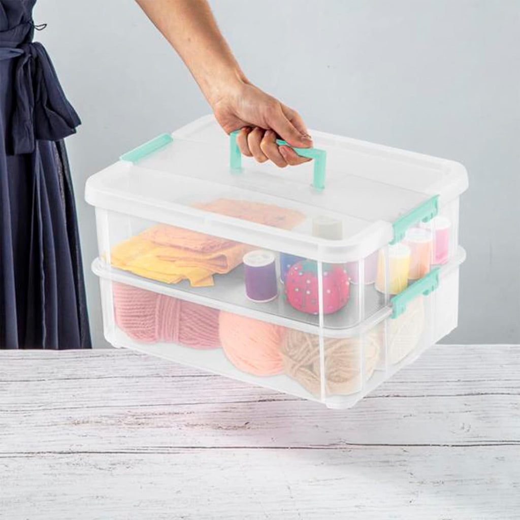 Stack and Carry 2 Layer Handle Box  Stackable Plastic Small  Container with Latching Lid  Bin to  Crafts  Clear  4-Pack