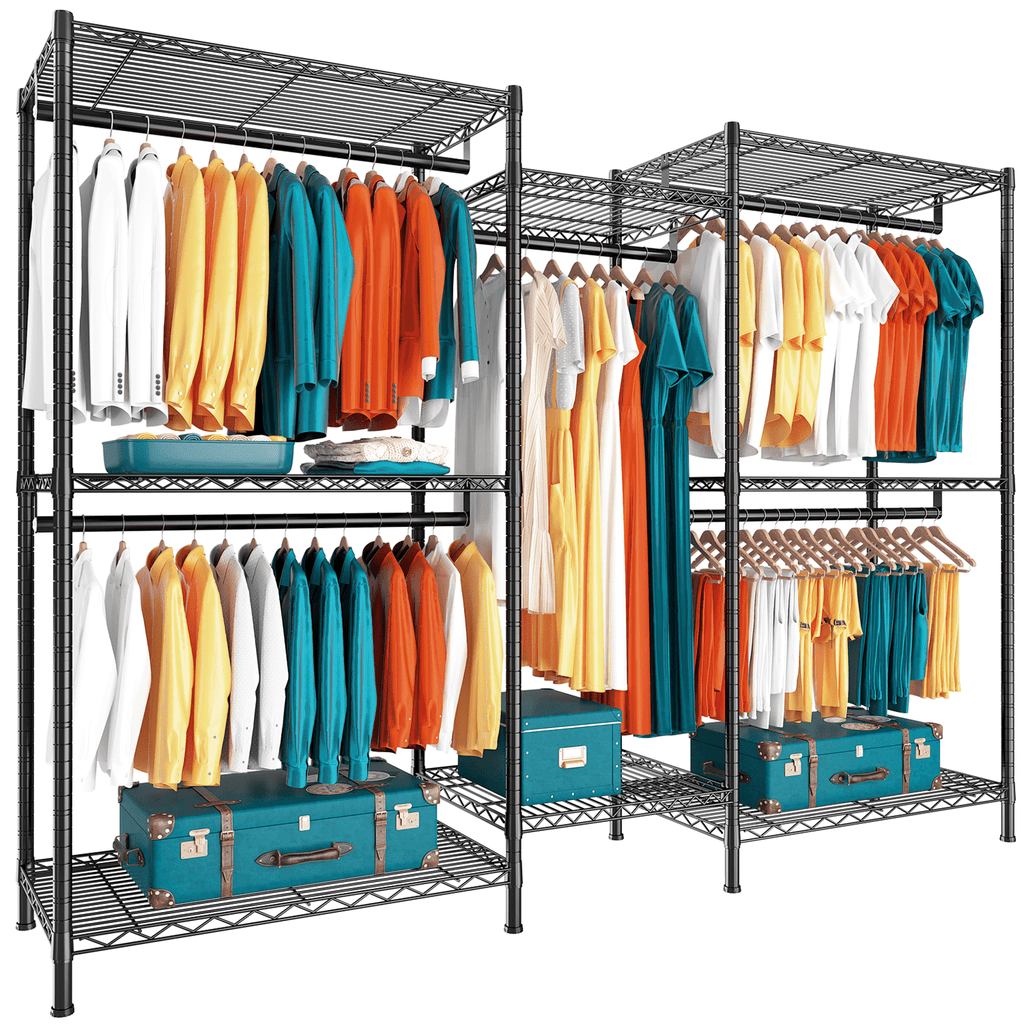 74.5" W Clothes  Rack Heavy Duty Garment Rack Closet Organizer with 8 Shelves &amp; 5 Hanger Rods,Black