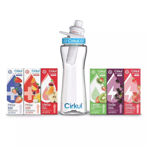 22oz Plastic Water Bottle Starter Kit With Blue Lid + 6 Flavor Cartridges