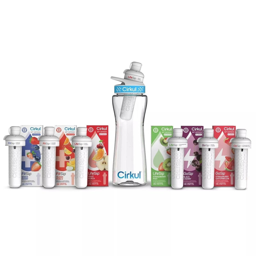 22oz Plastic Water Bottle Starter Kit With Blue Lid + 6 Flavor Cartridges