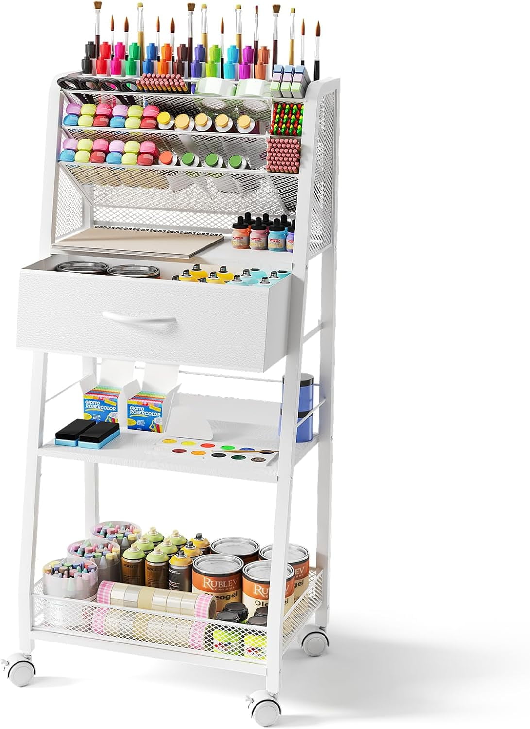 3 Tier Rolling Cart - Metal Utility Cart with Storage Drawer and Wheels Versatile Art Craft Organizer for Home Office or Studio - Ideal for Storing Brushes Paints and SuppliesWhite