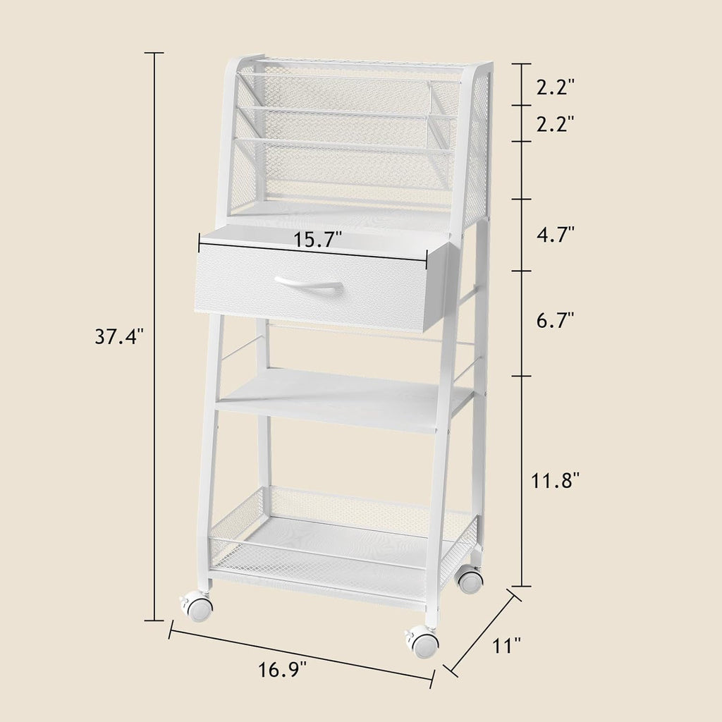 3 Tier Rolling Cart - Metal Utility Cart with Storage Drawer and Wheels Versatile Art Craft Organizer for Home Office or Studio - Ideal for Storing Brushes Paints and SuppliesWhite