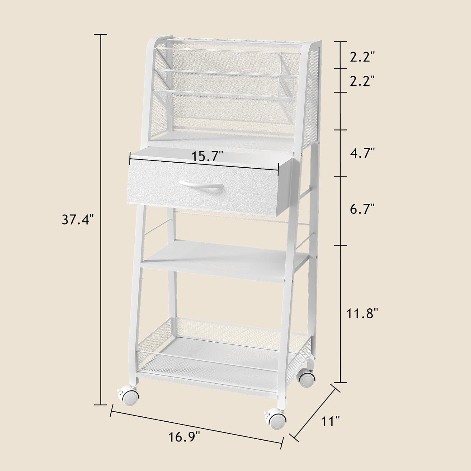 3 Tier Rolling Cart - Metal Utility Cart with Storage Drawer and Wheels Versatile Art Craft Organizer for Home Office or Studio - Ideal for Storing Brushes Paints and SuppliesWhite
