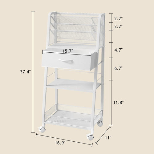 3 Tier Rolling Cart - Metal Utility Cart with Storage Drawer and Wheels Versatile Art Craft Organizer for Home Office or Studio - Ideal for Storing Brushes Paints and SuppliesWhite