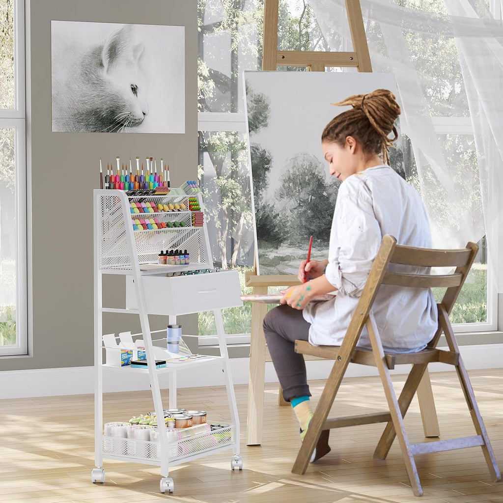 3 Tier Rolling Cart - Metal Utility Cart with Storage Drawer and Wheels Versatile Art Craft Organizer for Home Office or Studio - Ideal for Storing Brushes Paints and SuppliesWhite