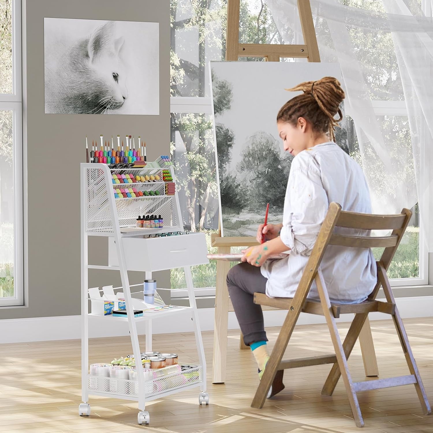3 Tier Rolling Cart - Metal Utility Cart with Storage Drawer and Wheels Versatile Art Craft Organizer for Home Office or Studio - Ideal for Storing Brushes Paints and SuppliesWhite