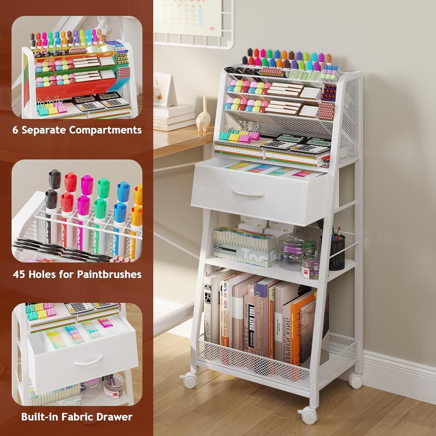 3 Tier Rolling Cart - Metal Utility Cart with Storage Drawer and Wheels Versatile Art Craft Organizer for Home Office or Studio - Ideal for Storing Brushes Paints and SuppliesWhite