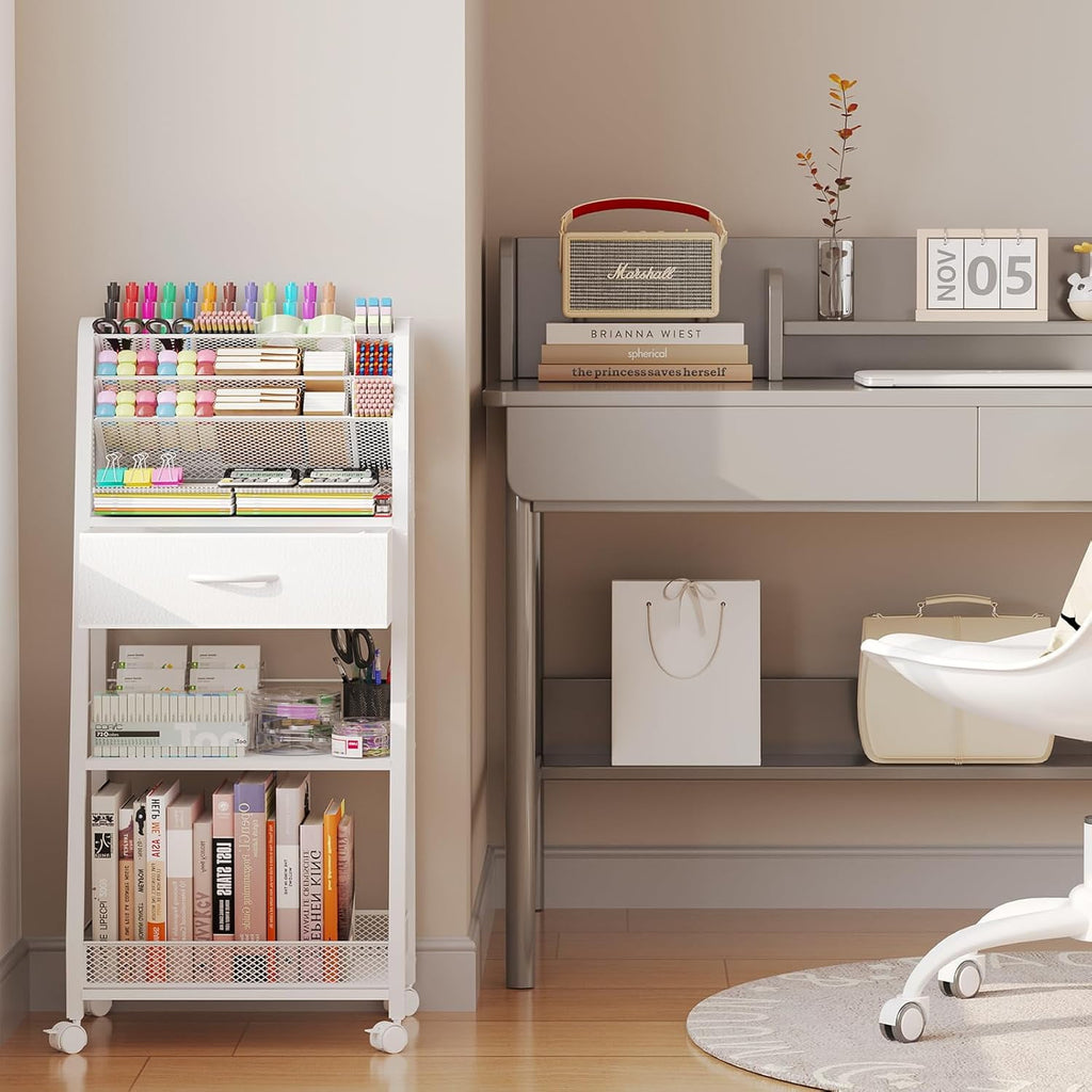 3 Tier Rolling Cart - Metal Utility Cart with Storage Drawer and Wheels Versatile Art Craft Organizer for Home Office or Studio - Ideal for Storing Brushes Paints and SuppliesWhite