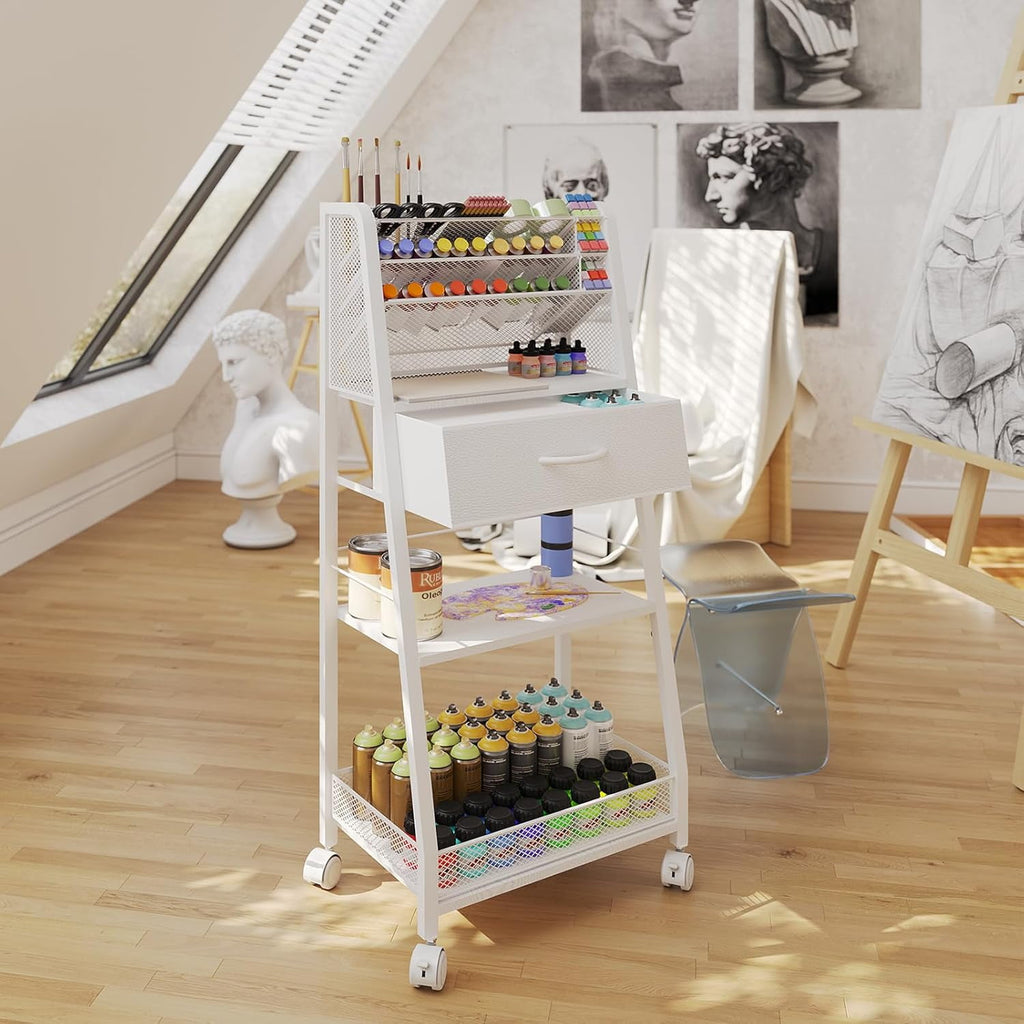 3 Tier Rolling Cart - Metal Utility Cart with Storage Drawer and Wheels Versatile Art Craft Organizer for Home Office or Studio - Ideal for Storing Brushes Paints and SuppliesWhite
