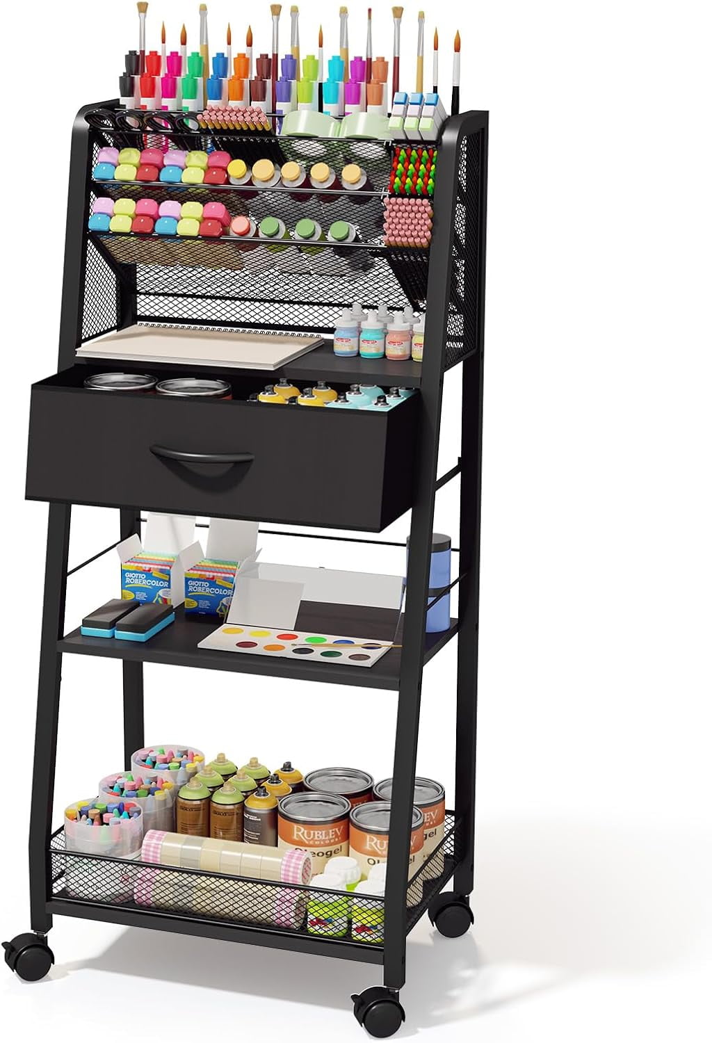 3 Tier Rolling Cart - Metal Utility Cart with Storage Drawer and Wheels Versatile Art Craft Organizer for Home Office or Studio - Ideal for Storing Brushes Paints and SuppliesWhite