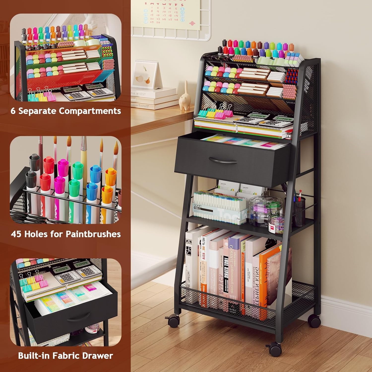 3 Tier Rolling Cart - Metal Utility Cart with Storage Drawer and Wheels Versatile Art Craft Organizer for Home Office or Studio - Ideal for Storing Brushes Paints and SuppliesWhite