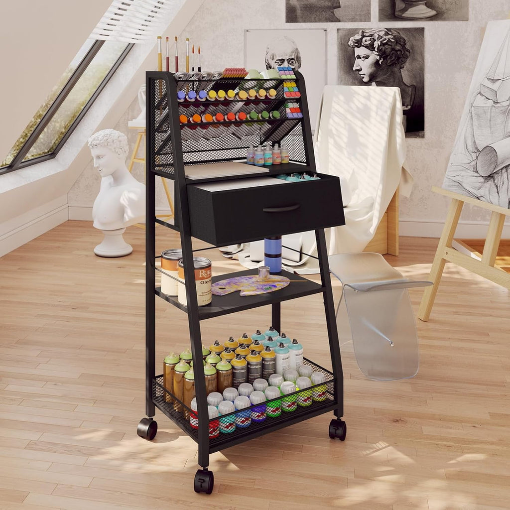 3 Tier Rolling Cart - Metal Utility Cart with Storage Drawer and Wheels Versatile Art Craft Organizer for Home Office or Studio - Ideal for Storing Brushes Paints and SuppliesWhite
