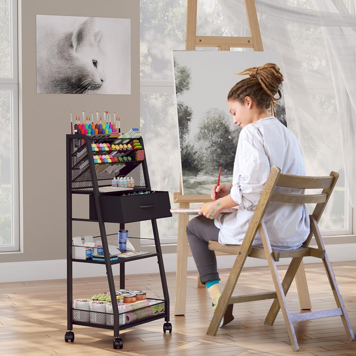 3 Tier Rolling Cart - Metal Utility Cart with Storage Drawer and Wheels Versatile Art Craft Organizer for Home Office or Studio - Ideal for Storing Brushes Paints and SuppliesWhite