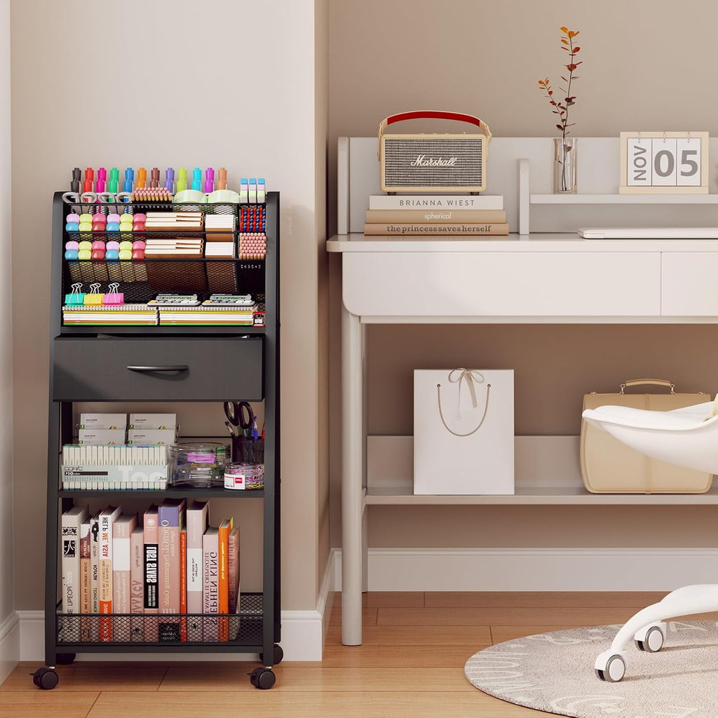 3 Tier Rolling Cart - Metal Utility Cart with Storage Drawer and Wheels Versatile Art Craft Organizer for Home Office or Studio - Ideal for Storing Brushes Paints and SuppliesWhite