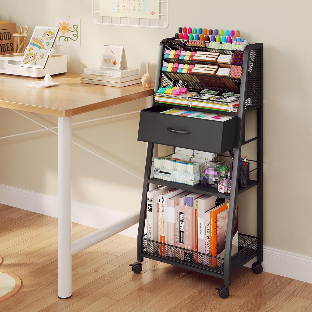 3 Tier Rolling Cart - Metal Utility Cart with Storage Drawer and Wheels Versatile Art Craft Organizer for Home Office or Studio - Ideal for Storing Brushes Paints and SuppliesWhite