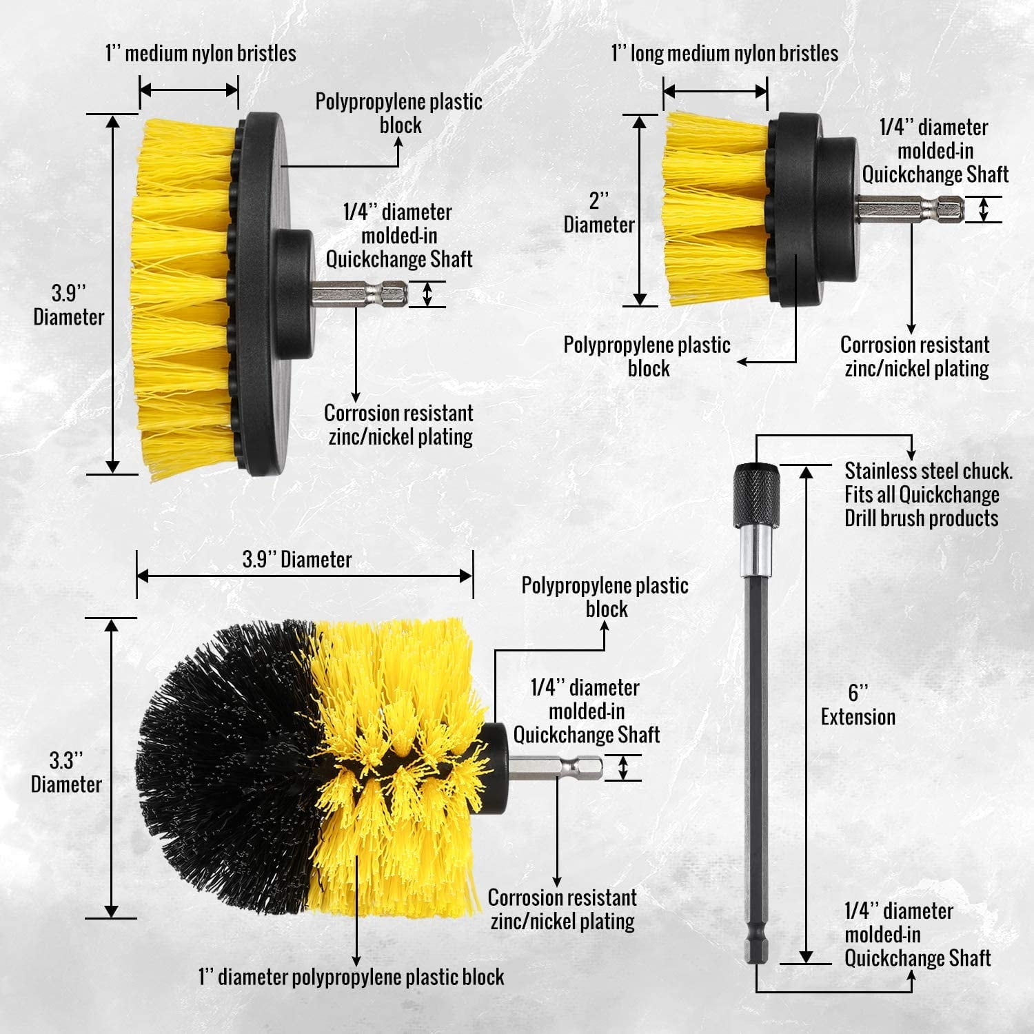 Drill Brush Attachment Set, Yellow, Plastic Handle, 3 Sized Brush Heads for Cleaning Bathtub, Shower, Floor, Carpet, Kitchen, Bathroom, and More