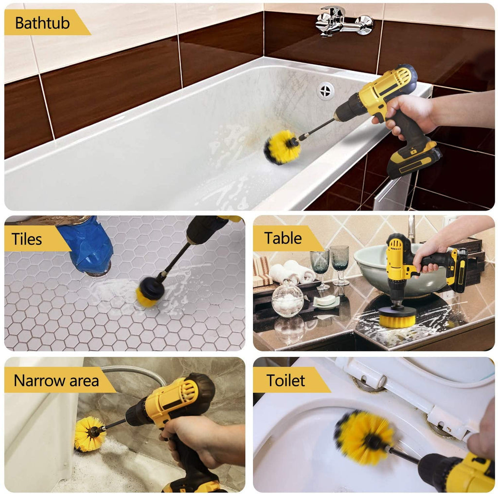 Drill Brush Attachment Set, Yellow, Plastic Handle, 3 Sized Brush Heads for Cleaning Bathtub, Shower, Floor, Carpet, Kitchen, Bathroom, and More