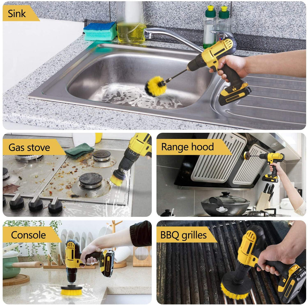 Drill Brush Attachment Set, Yellow, Plastic Handle, 3 Sized Brush Heads for Cleaning Bathtub, Shower, Floor, Carpet, Kitchen, Bathroom, and More