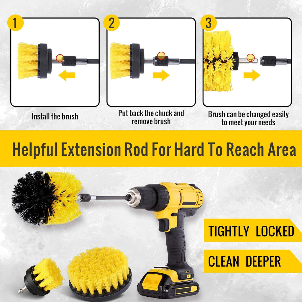 Drill Brush Attachment Set, Yellow, Plastic Handle, 3 Sized Brush Heads for Cleaning Bathtub, Shower, Floor, Carpet, Kitchen, Bathroom, and More