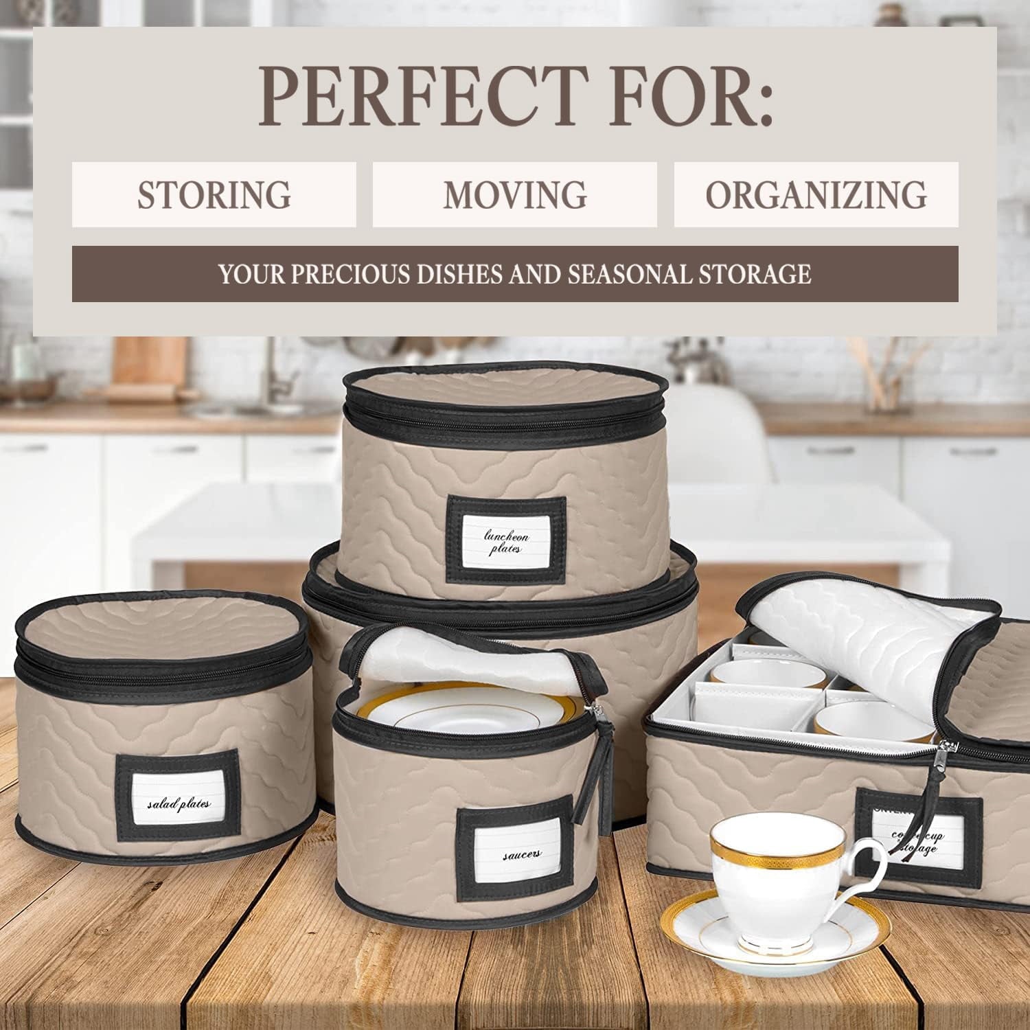 China Storage Box Moving Box for Cutlery, Glasses, Plates, Mugs and Saucers, Sturdy Quilted Microfiber Dish Organizer with Dividers for Seasonal Storage