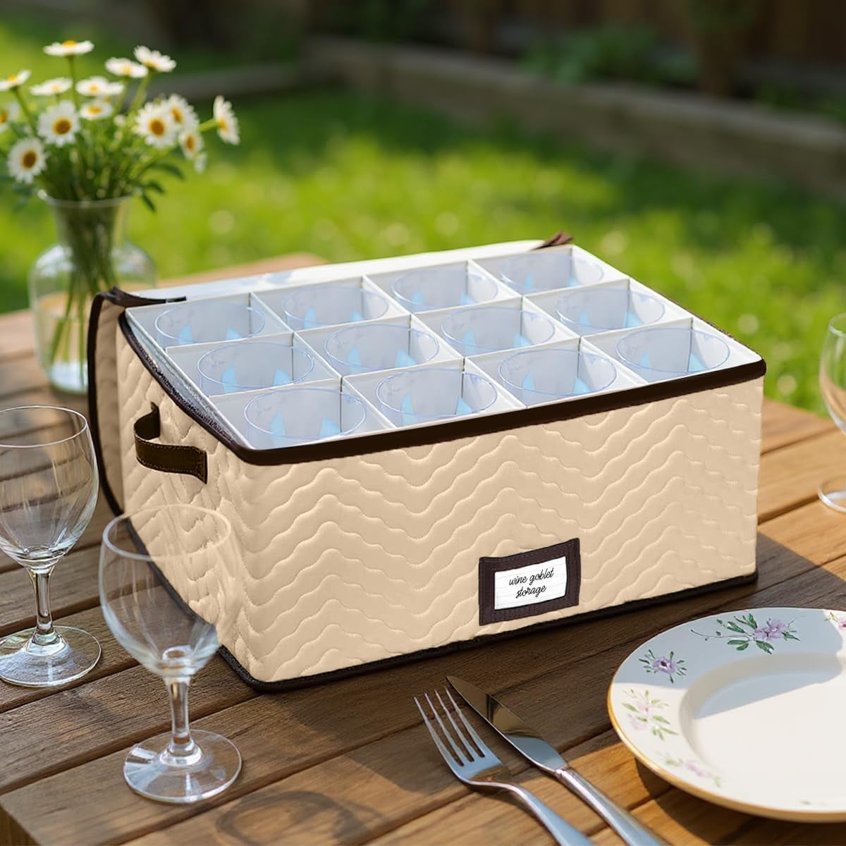 China Storage Box Moving Box for Cutlery, Glasses, Plates, Mugs and Saucers, Sturdy Quilted Microfiber Dish Organizer with Dividers for Seasonal Storage