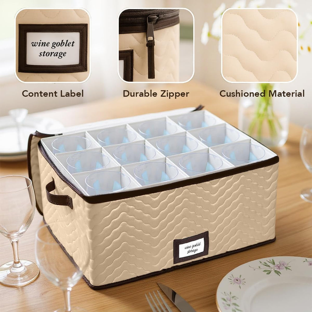 China Storage Box Moving Box for Cutlery, Glasses, Plates, Mugs and Saucers, Sturdy Quilted Microfiber Dish Organizer with Dividers for Seasonal Storage