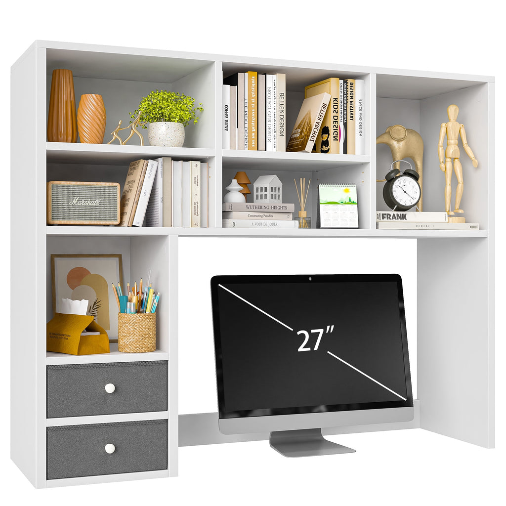 Desktop Bookshelf Wood Desk Hutch Organizer with 8 Shelves and 2 Drawers for Computer Desk,Adjustable 5-Tier Desk Storage Organizer,College Cube,Display Shelf Rack for Dorm Office Home,White