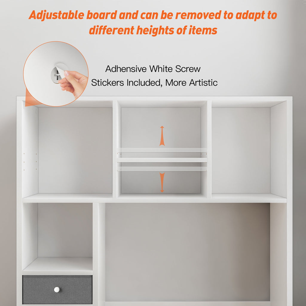 Desktop Bookshelf Wood Desk Hutch Organizer with 8 Shelves and 2 Drawers for Computer Desk,Adjustable 5-Tier Desk Storage Organizer,College Cube,Display Shelf Rack for Dorm Office Home,White