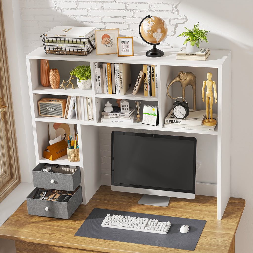 Desktop Bookshelf Wood Desk Hutch Organizer with 8 Shelves and 2 Drawers for Computer Desk,Adjustable 5-Tier Desk Storage Organizer,College Cube,Display Shelf Rack for Dorm Office Home,White