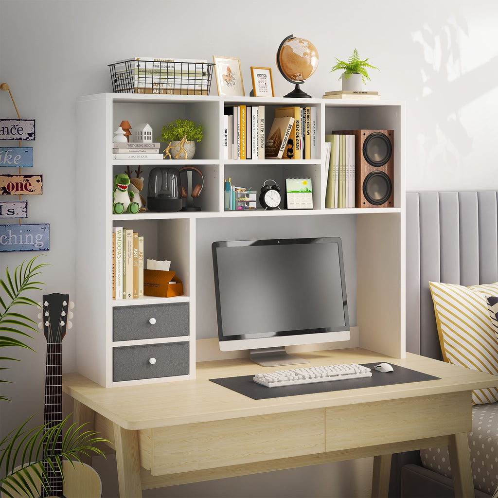 Desktop Bookshelf Wood Desk Hutch Organizer with 8 Shelves and 2 Drawers for Computer Desk,Adjustable 5-Tier Desk Storage Organizer,College Cube,Display Shelf Rack for Dorm Office Home,White