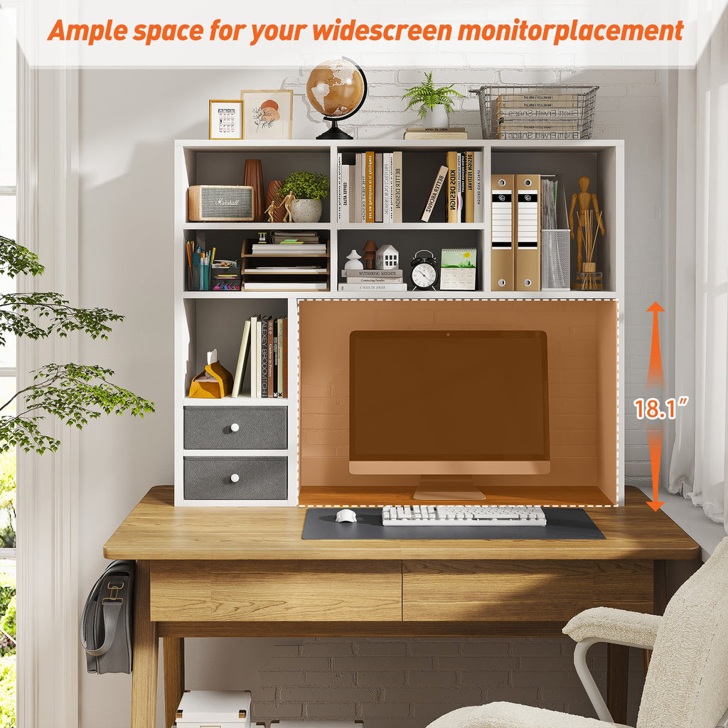 Desktop Bookshelf Wood Desk Hutch Organizer with 8 Shelves and 2 Drawers for Computer Desk,Adjustable 5-Tier Desk Storage Organizer,College Cube,Display Shelf Rack for Dorm Office Home,White