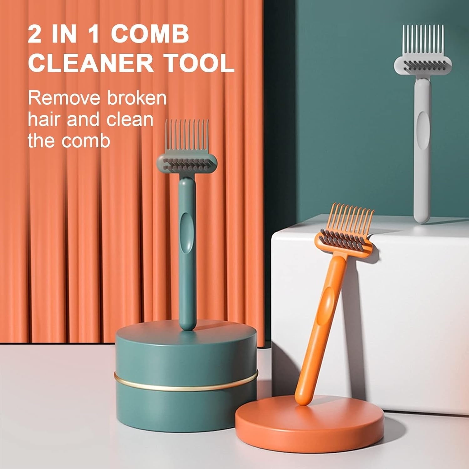 2-in-1 Hair Brush Cleaner and Remover Tool - Comb for Removing Hair and Dust, Suitable for Home and Salon Use (1 Pack-Green/Grey/Orange)