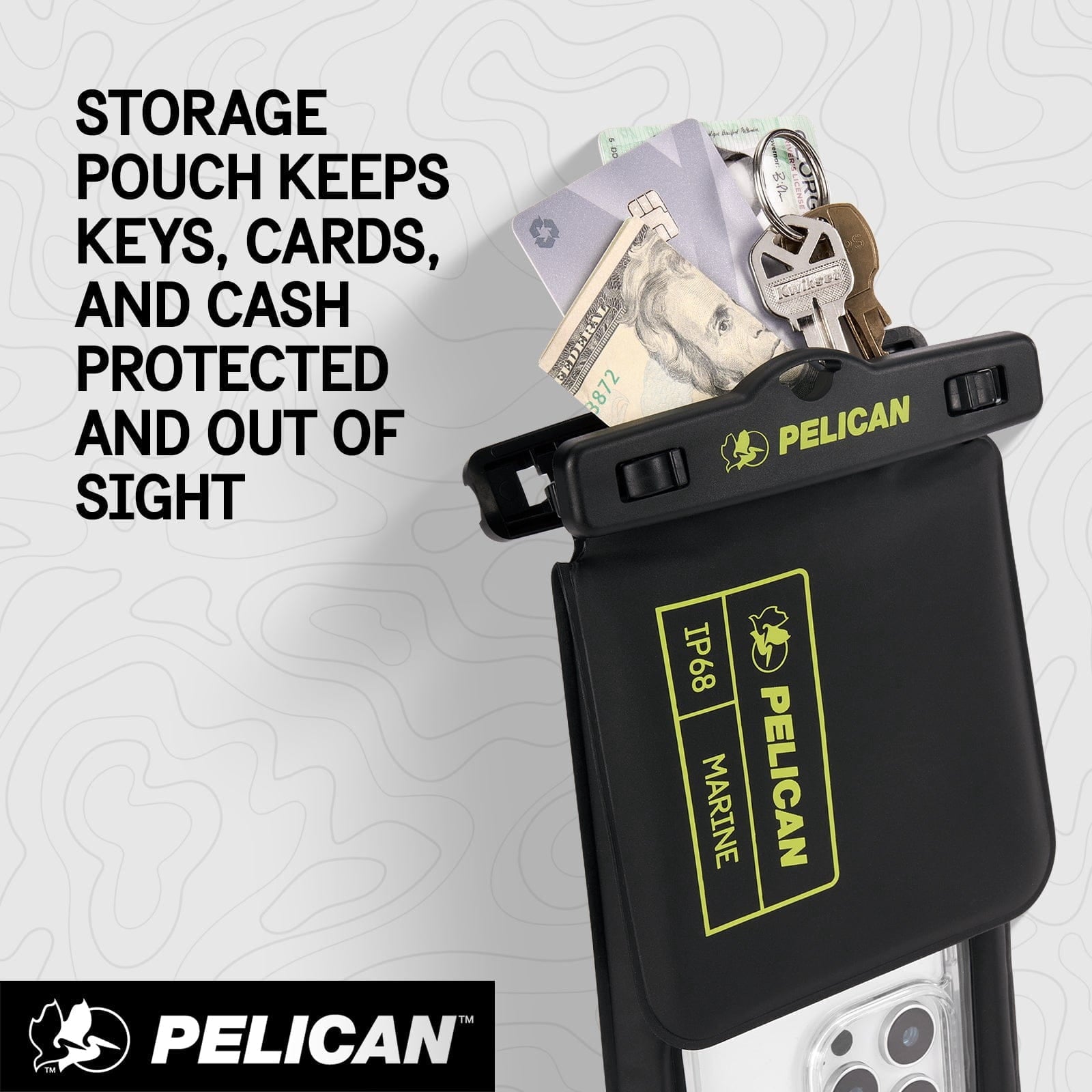 Pelican Marine IP68 Floating Waterproof Phone Pouch / Case (XL Size) w/ Detachable Lanyard - Black/Yellow