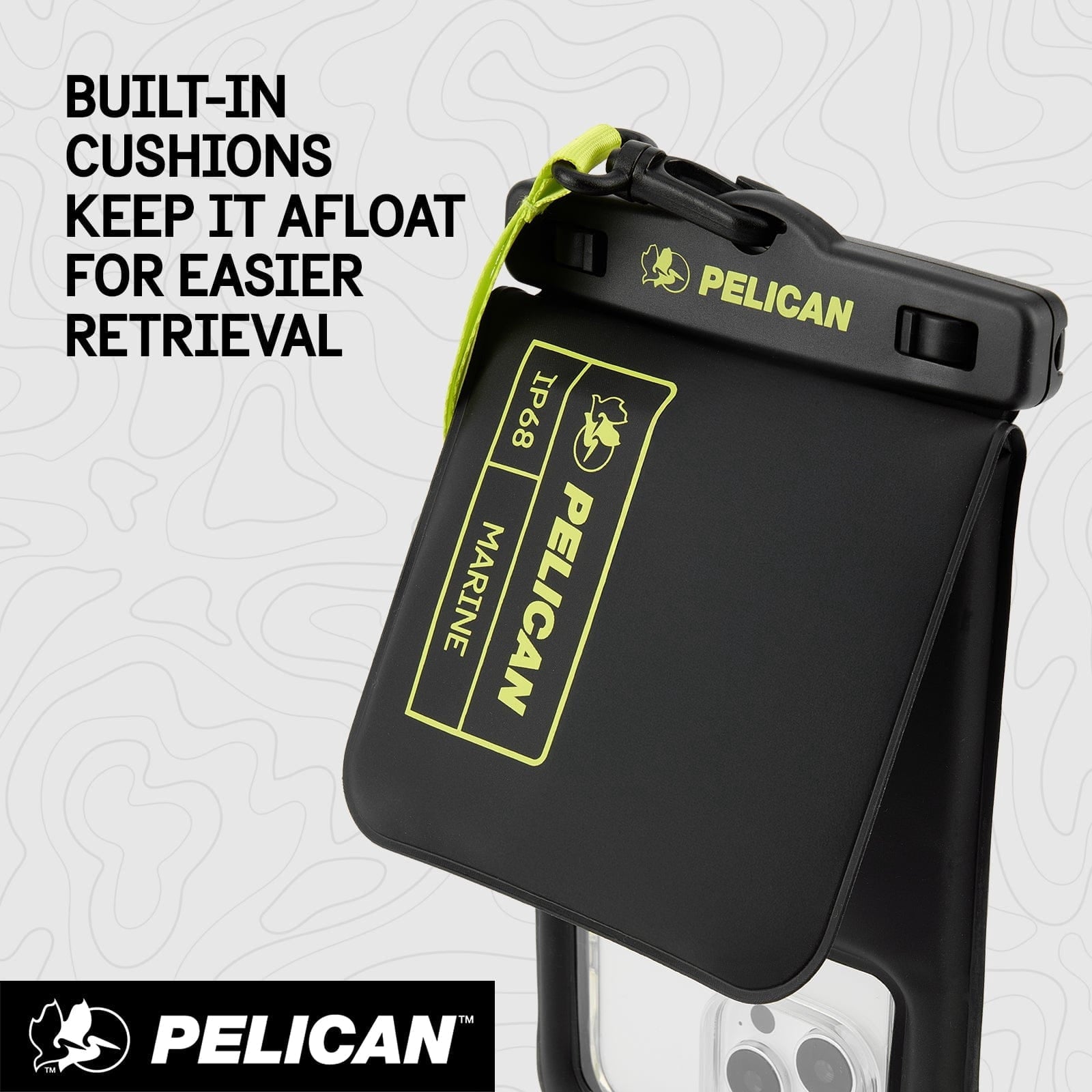 Pelican Marine IP68 Floating Waterproof Phone Pouch / Case (XL Size) w/ Detachable Lanyard - Black/Yellow