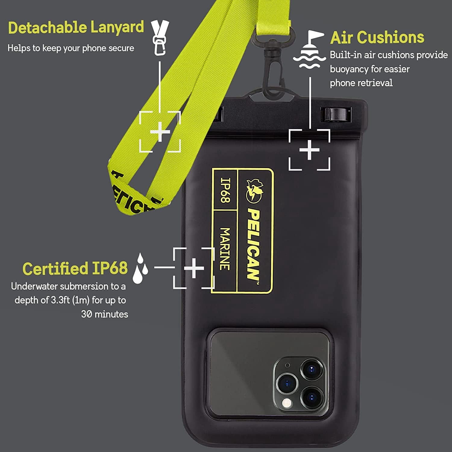 Pelican Marine IP68 Floating Waterproof Phone Pouch / Case (XL Size) w/ Detachable Lanyard - Black/Yellow