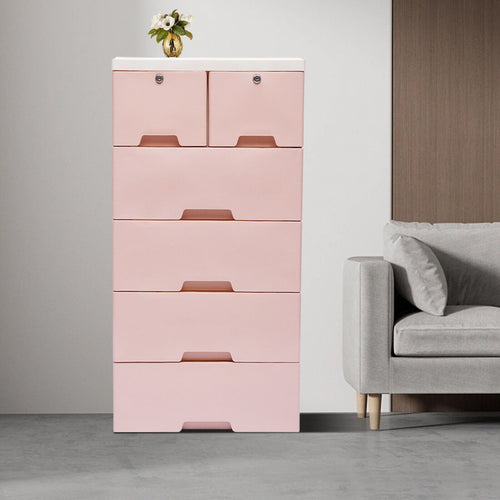 6 Closet Plastic Drawers Organizer Storage Cabinet Dresser Clothes Bedroom Pink 4 Large Drawers and Top 2 Small Cabinets Locker(with Keys)