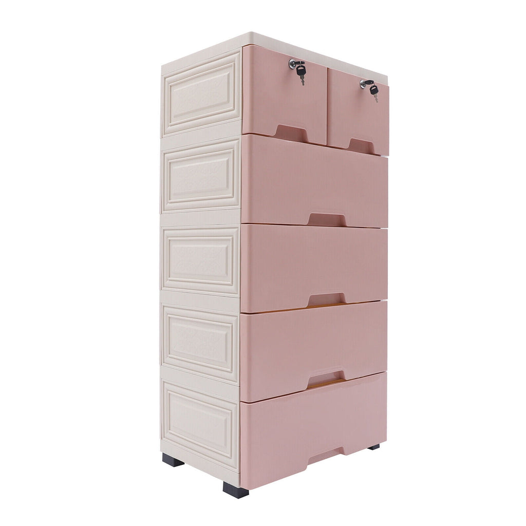 6 Closet Plastic Drawers Organizer Storage Cabinet Dresser Clothes Bedroom Pink 4 Large Drawers and Top 2 Small Cabinets Locker(with Keys)